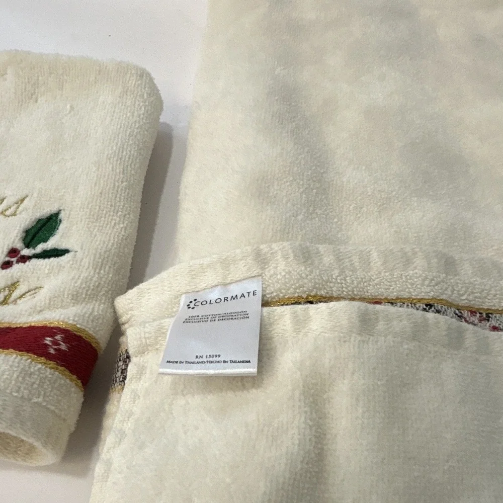 Colormate Embroidered Christmas Hand Towel Set Wreath Tree Ivory 16x28 3pc